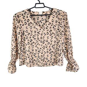 Women's Beige Leopard Print Blouse Top V-Neck Long Sleeve A New Day Size M